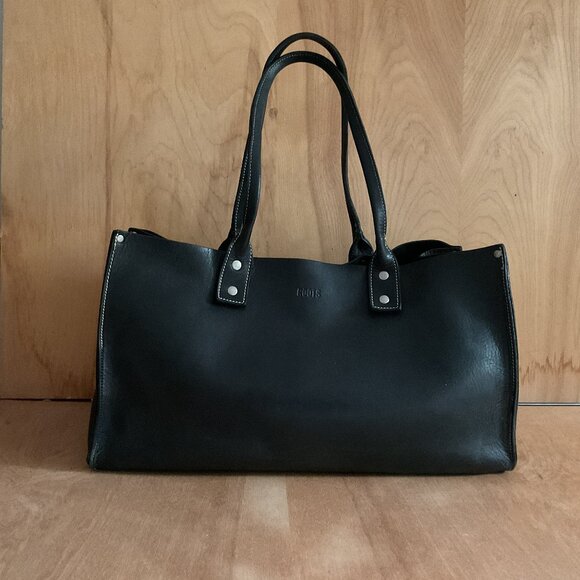 VTG Roots Black Leather Short Handle Handbag with White Stitching - Picture 1 of 13